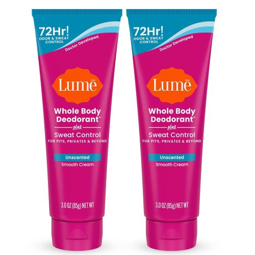 Lume Whole Body Deodorant Plus Sweat Control - Smooth Cream Tube - 72 Hour Odor And Sweat Control - Baking Soda Free. Skin Loving - 3.0 ounce (Pack of 2) (Unscented)
