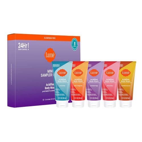 Lume Acidified Body Wash 5 Pack Minis - 24 Hour Odor Control - 1.5 ounce Tubes (Clean Tangerine. Lavender Sage. Peony Rose.